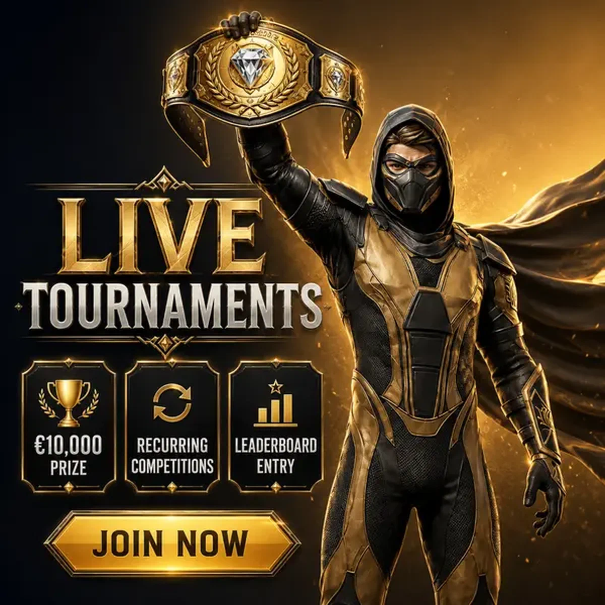 Campeón Sand Ninja sosteniendo cinturón dorado en celebración de victoria de torneo de casino en vivo