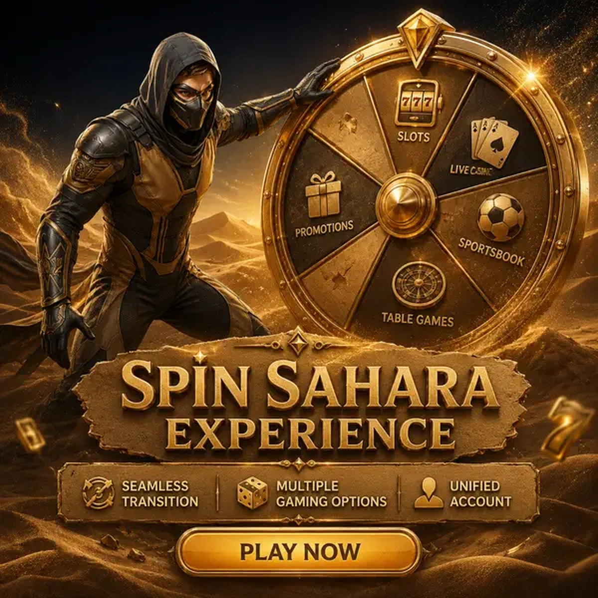 El Ninja de Arena listo para girar la rueda de premios dorada en Spin Sahara Casino