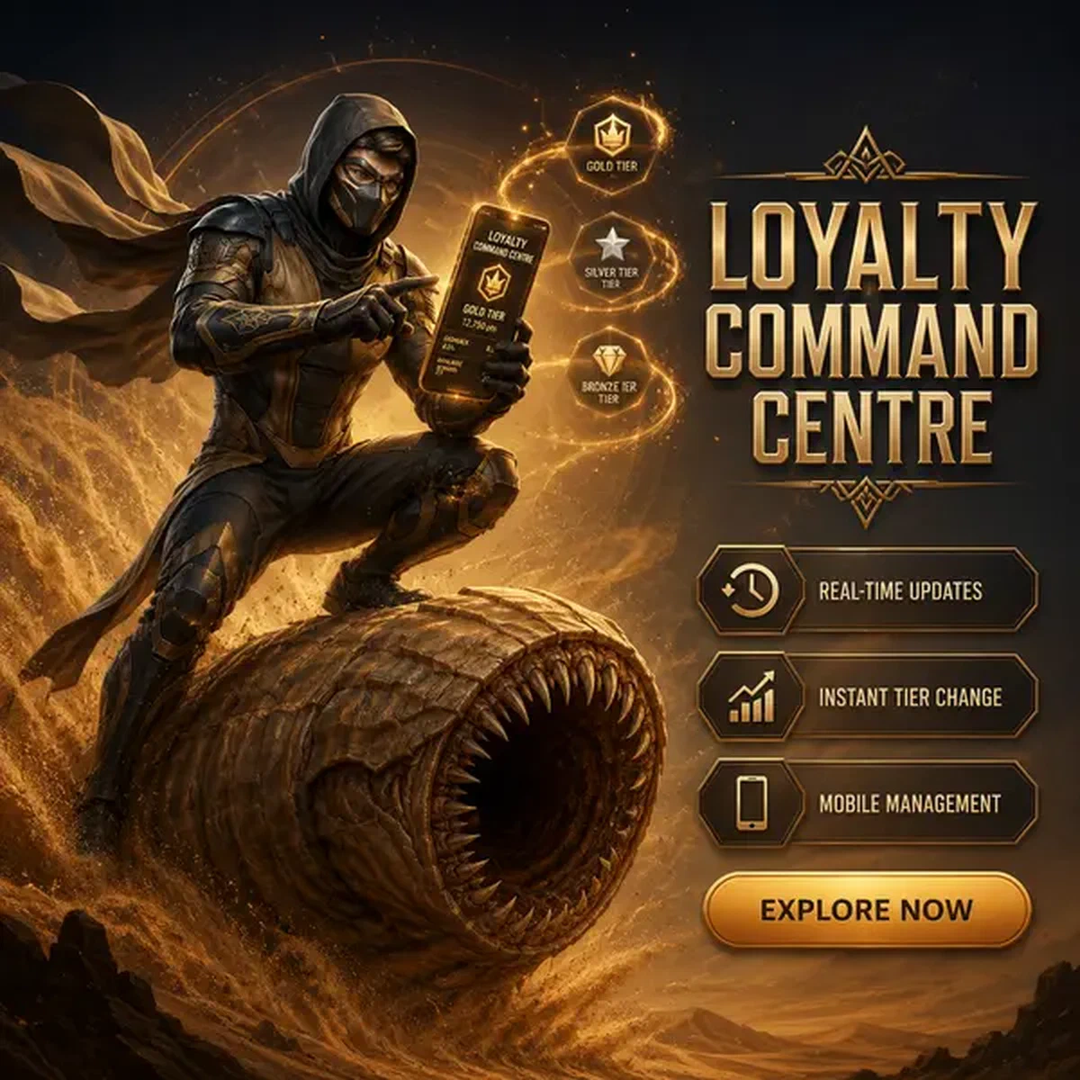 Sand Ninja dominando recompensas de fidelidad en la app de Spin Sahara Casino mientras monta gusano de arena del desierto