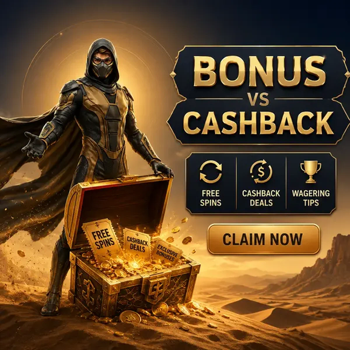 Sand Ninja revelando cofre del tesoro de bono sin depósito en el oasis del desierto de Spin Sahara Casino