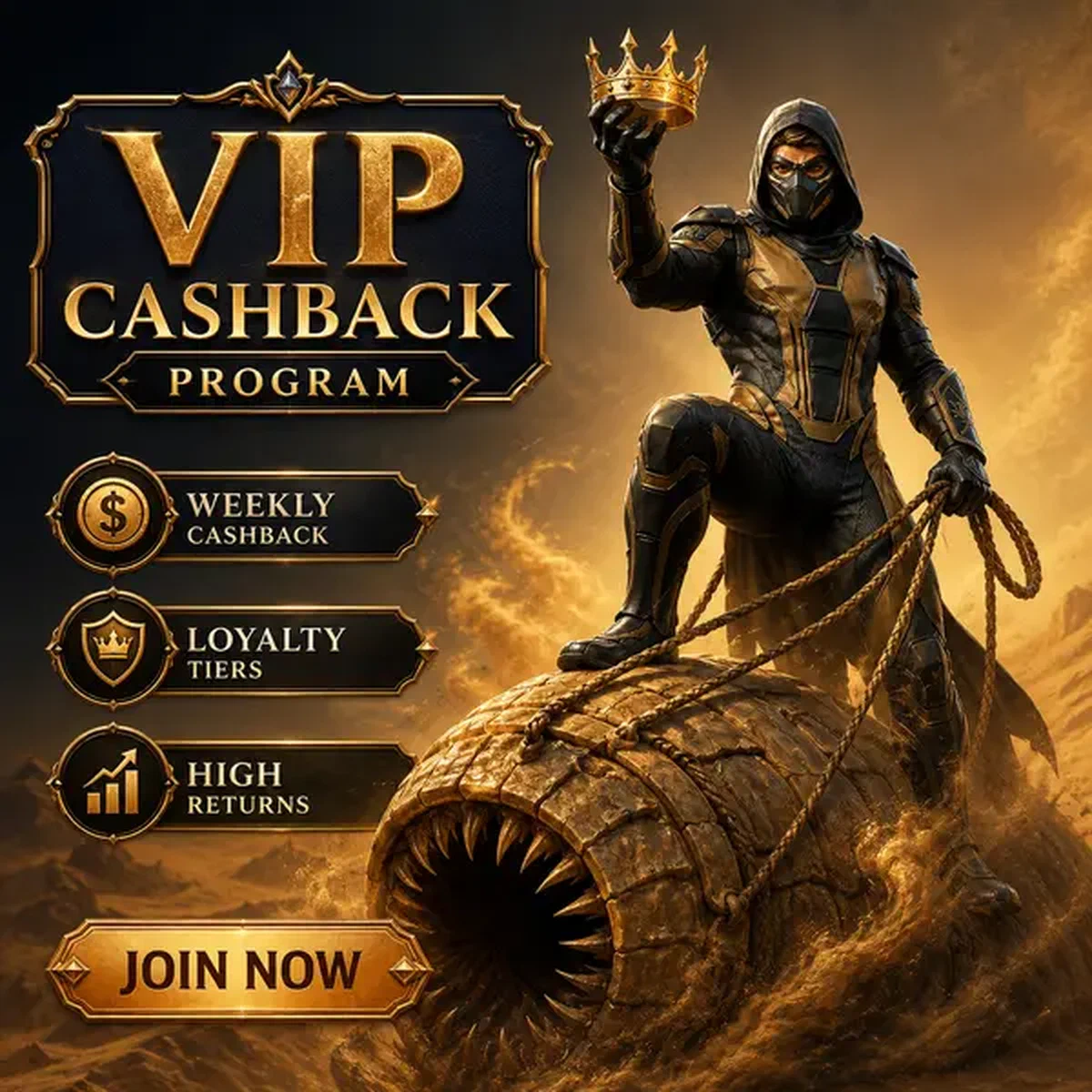 Ninja de Arena sosteniendo corona VIP mientras apuesta en deportes en la arena del desierto de Apuestas Deportivas Spin Sahara