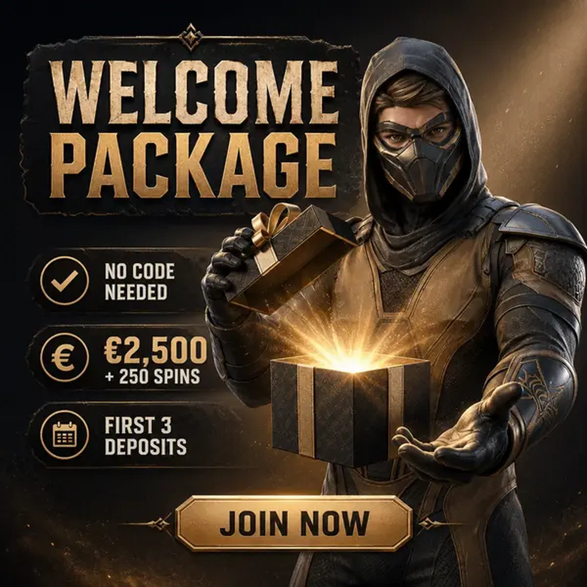 Sand Ninja presentando el paquete de bienvenida mientras un nuevo jugador crea cuenta en Spin Sahara