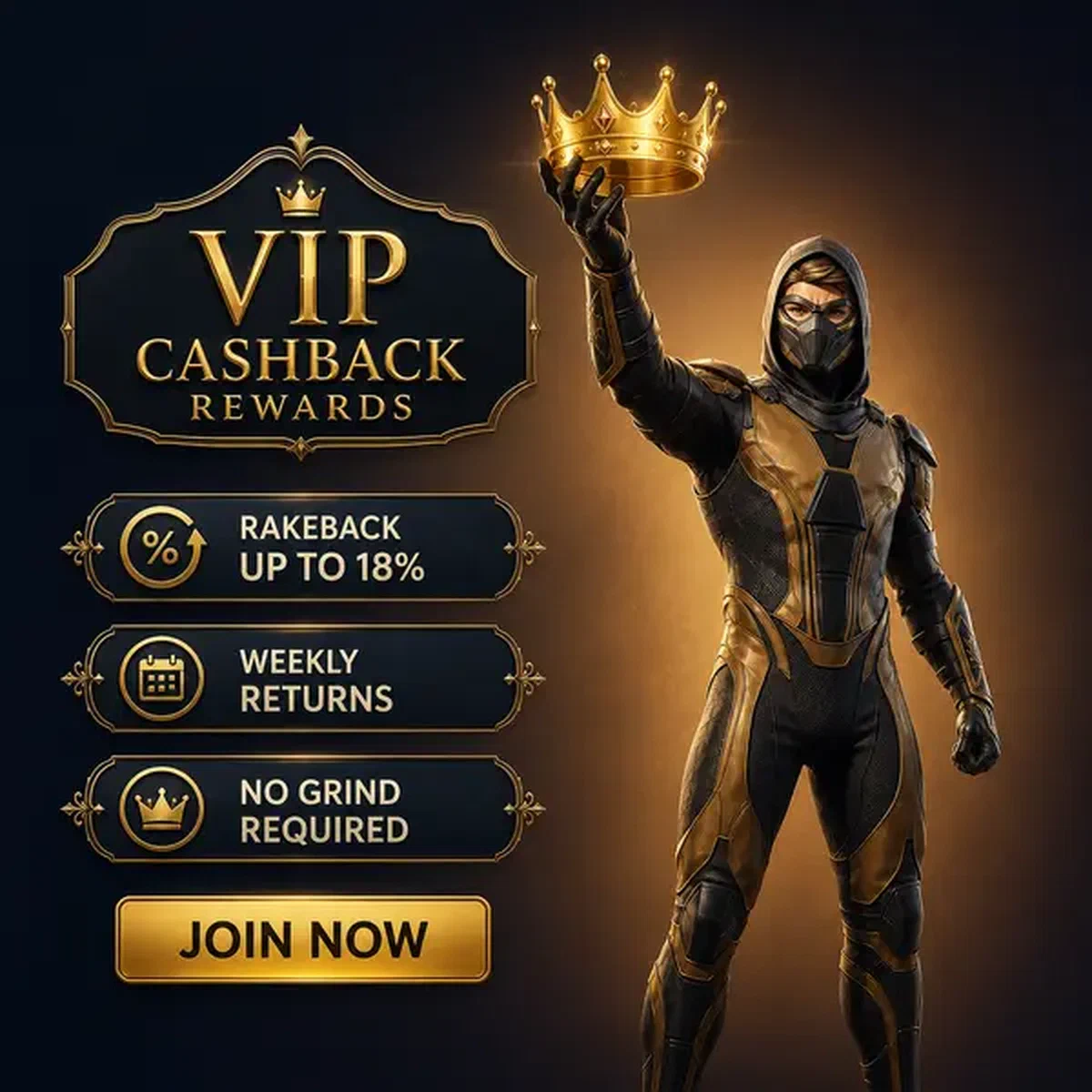 Ninja de arena presentando corona VIP dorada mostrando recompensas de rakeback en VIP Cashback Stack Casino
