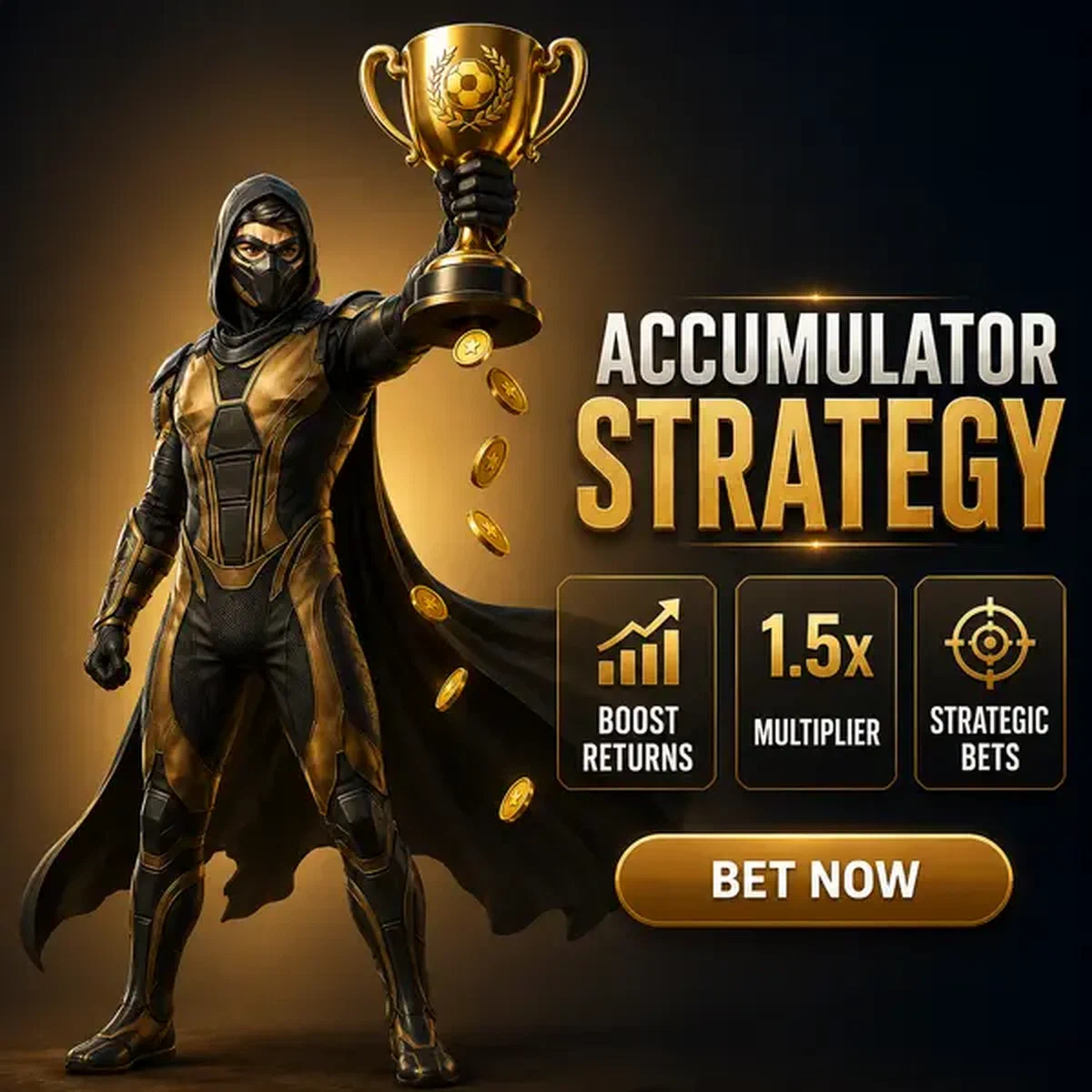 Ninja de Arena sosteniendo triunfalmente trofeo dorado en celebración de victoria de apuestas deportivas ComboBoost