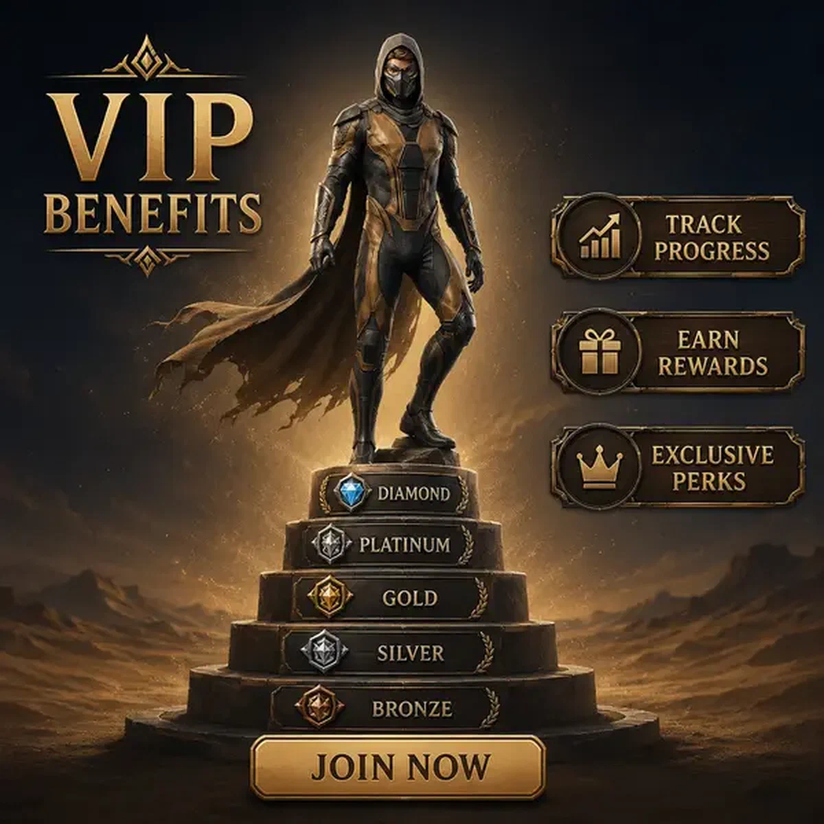 Sand Ninja de pie con confianza mientras el jugador rastrea el progreso a través de insignias de nivel VIP