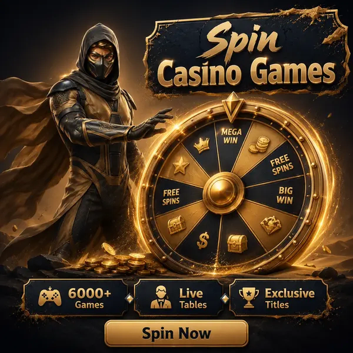 Ninja de Arena listo para girar juegos de casino en Spin Sahara con rueda de premios brillante