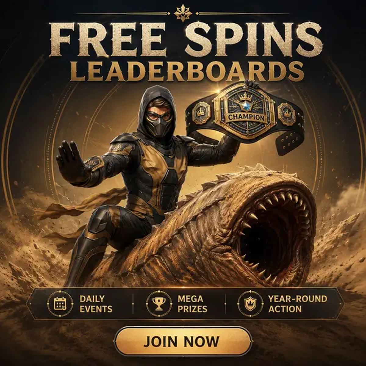 Sand Ninja presentando cinturón de campeonato en Juegos de Giros Gratis de Torneos y Clasificaciones con giros gratis