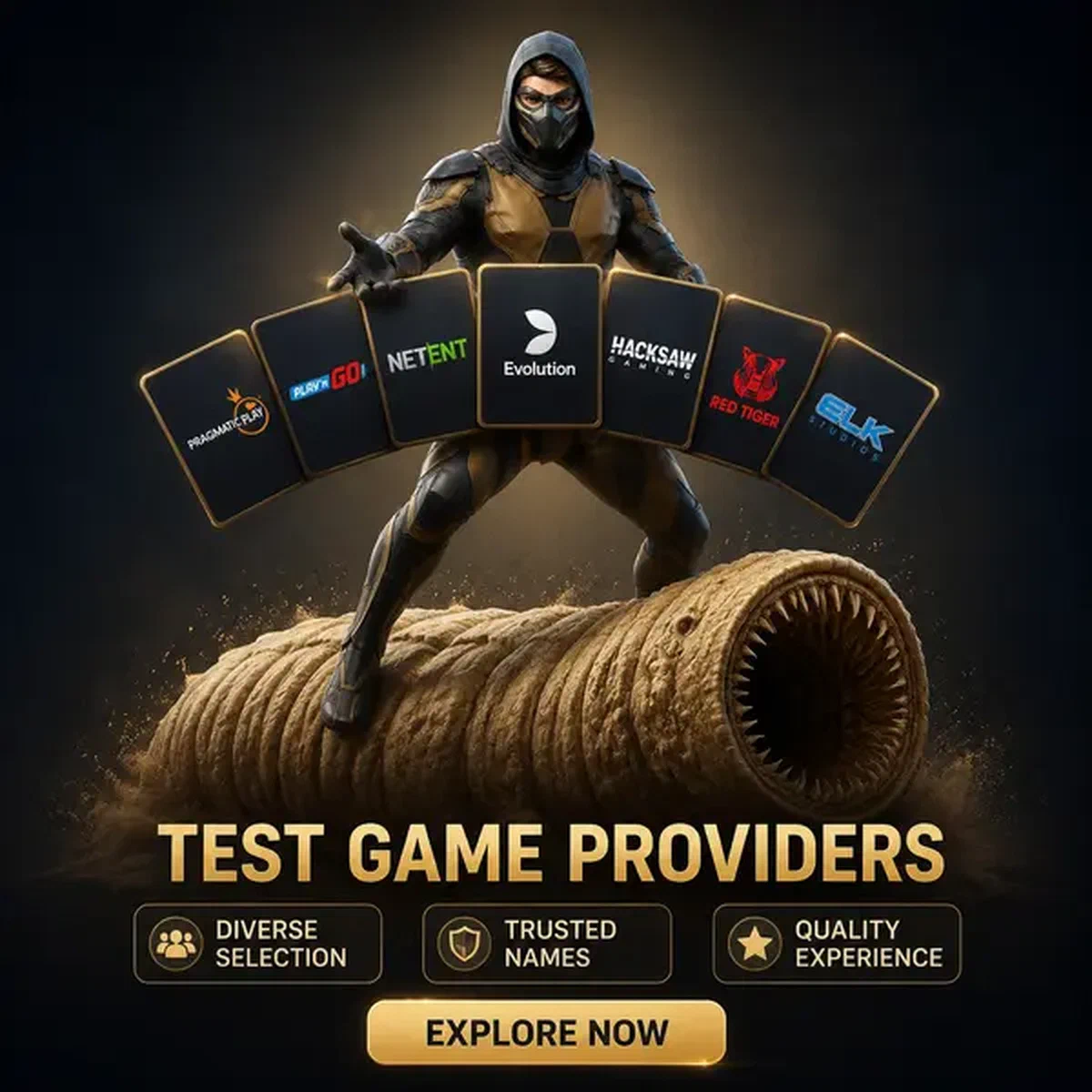 Sand Ninja presentando fichas de proveedores de juegos mientras está equilibrado sobre gusano de arena en Spin Sahara