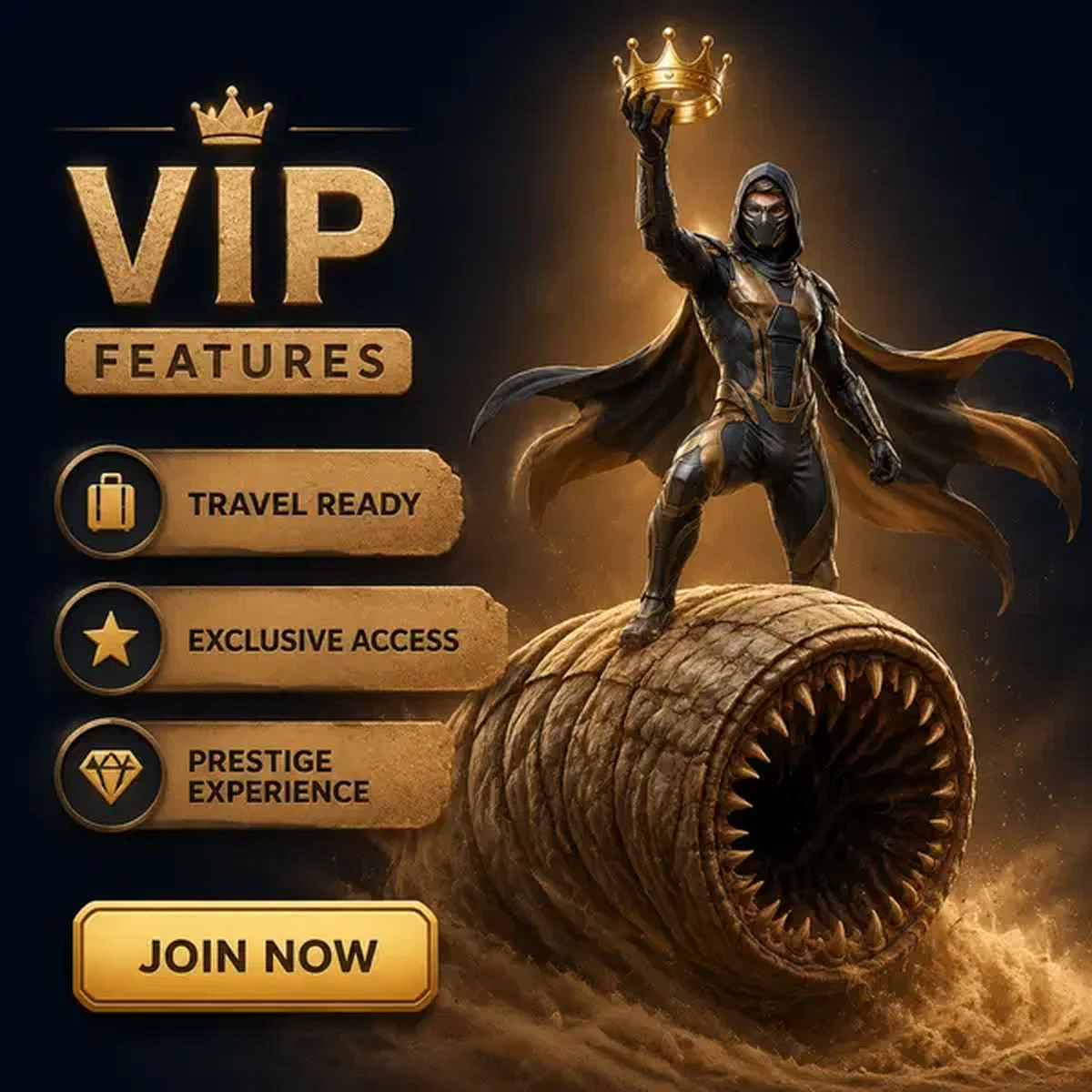 Ninja de arena sosteniendo corona dorada sobre gusano de arena mientras brilla la app VIP Features That Travel with You