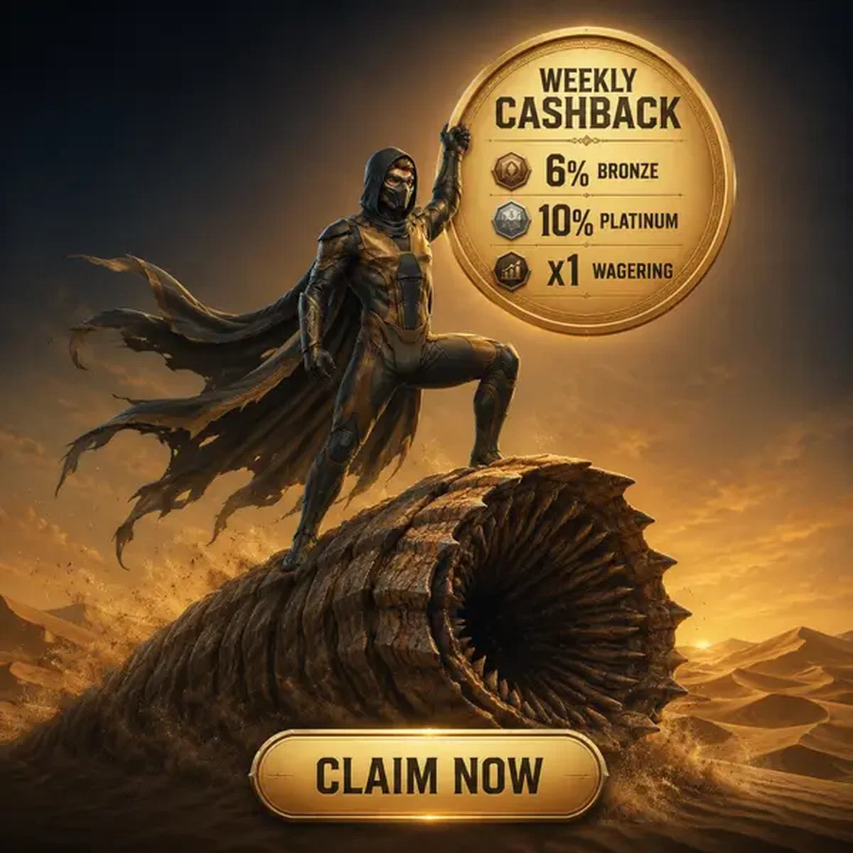 Ninja de Arena levantando emblema de porcentaje dorado sobre gusano de arena en portal de bono de Ritmo de Cashback Semanal y Mecánicas de Cualificación
