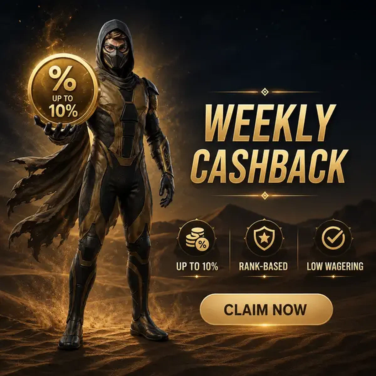 Sand Ninja presentando recompensas de cashback semanal en Reclamaciones de Cashback y Rakeback Semanales Casino