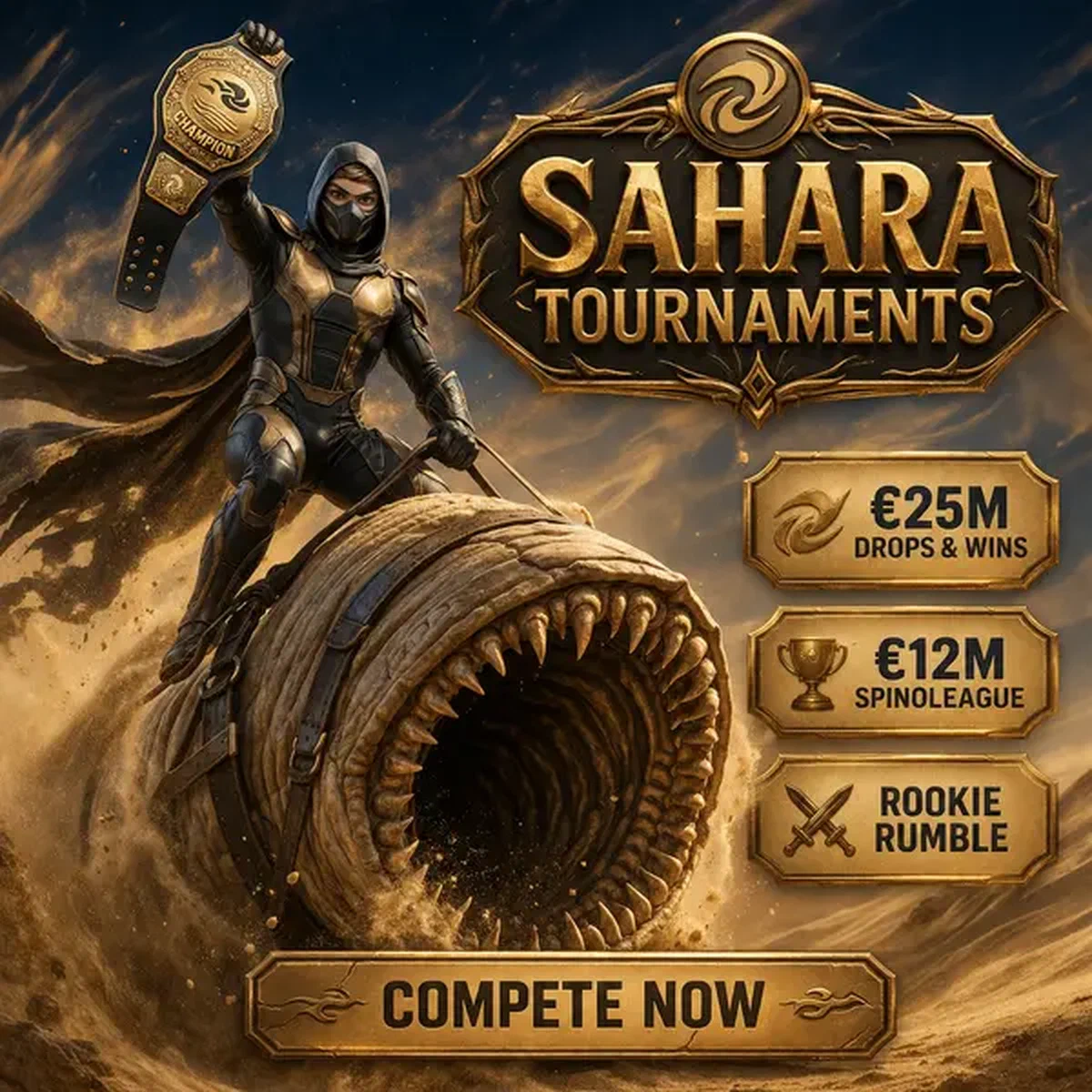 Ninja de Arena sostiene triunfalmente cinturón de campeonato sobre gusano de arena en Torneos y Competiciones de Spin Sahara