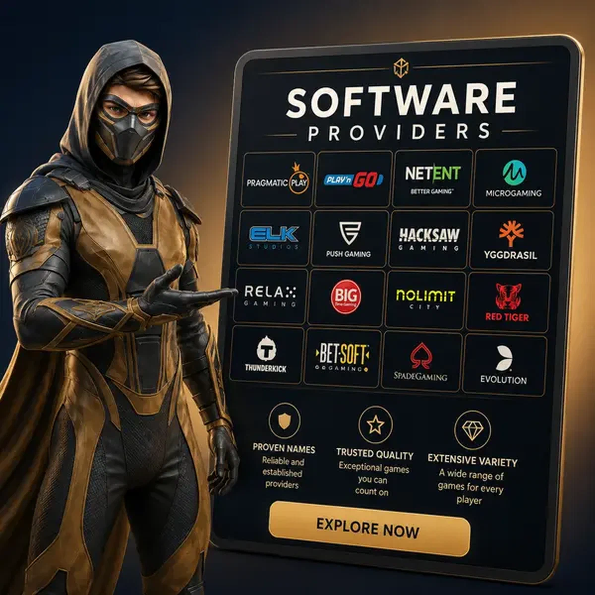 Ninja de Arena presentando proveedores de software en tablet en el hub de juegos de Spin Sahara Casino